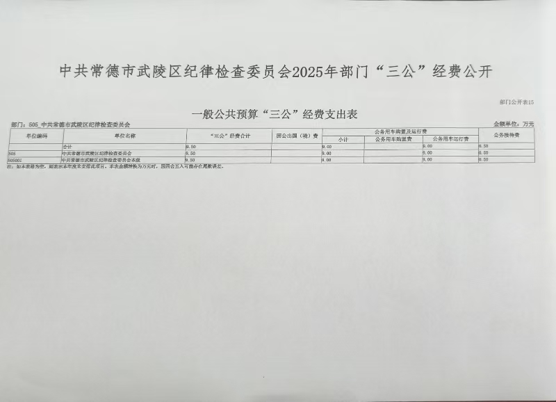 中共常德市武陵区纪律检查委员会2025年部门“三公”经费公开